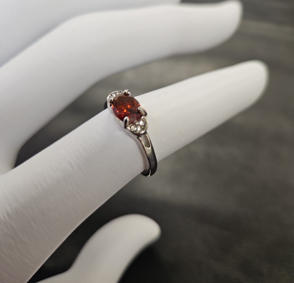 Silver Tone Faux Garnet Oval Ring - Picture 3 of 9